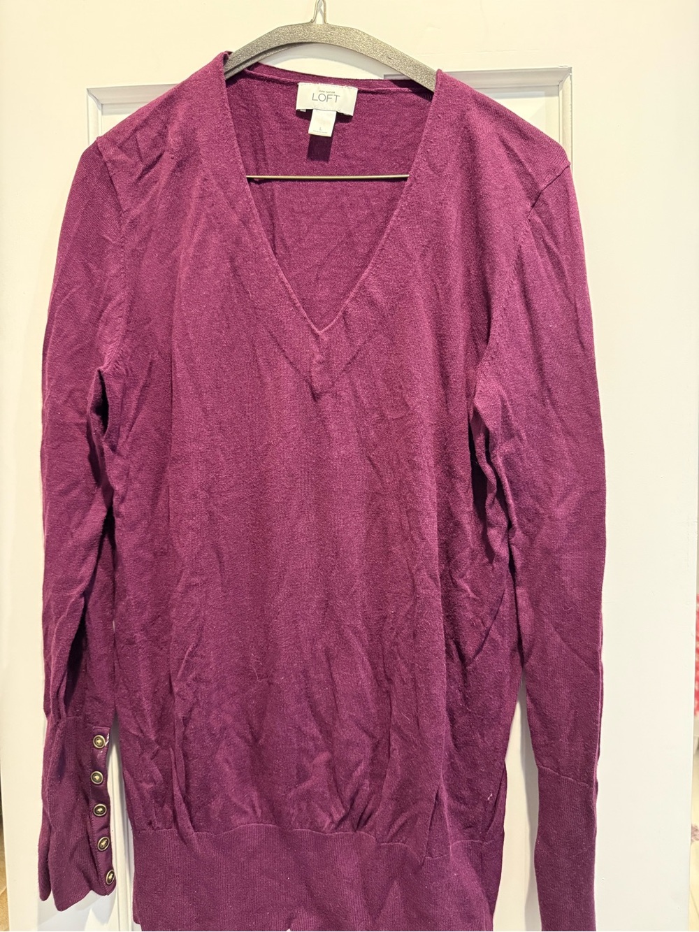 LOFT Women's V-Neck Long Sleeve Sweater in Plum, Size Large